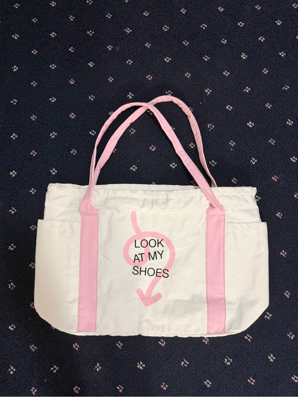 DSW White Canvas Tote with Pink Accents - 'LOOK AT MY SHOES' Print